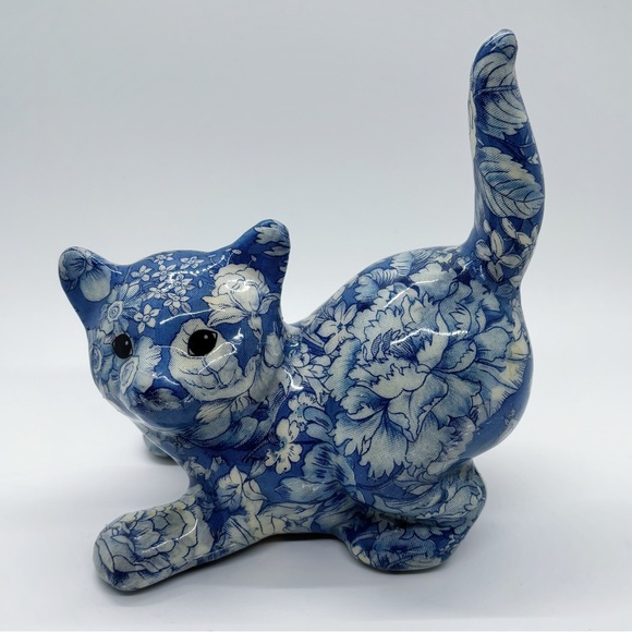 Joan Baker Other - Joan Baker Porcelain Patchwork Vintage Decoupage Blue Floral Ceramic Cat Figure